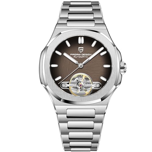 RollsTimi Pagani Design YS025 Herren-Automatikuhr Skelett-Zifferblatt Tourbillon-Stil E3251 Uhrwerk Saphirglas 100M Wasserdicht Edelstahl Luxus Sportuhr, braun / schwarz von RollsTimi