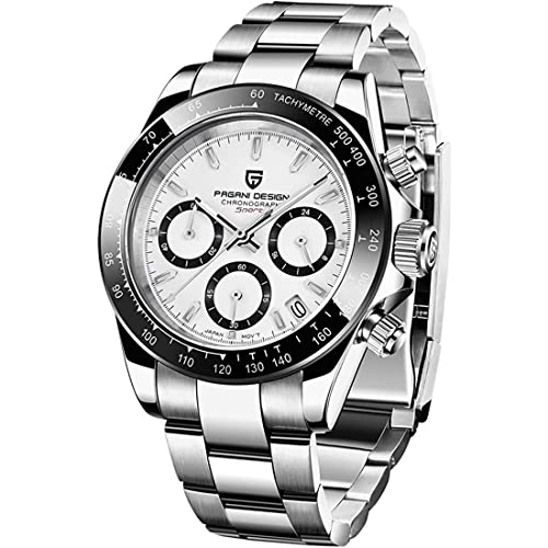 RollsTimi Pagani DesignHerren-Multifunktions-Sportuhr Quarz-Chronograph Uhrwerk Japan VK63 Edelstahlarmband Wasserdicht 100M (A-B&W Silber-1664) von RollsTimi