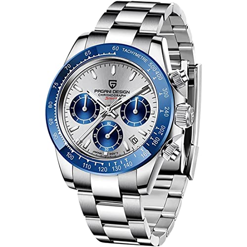 RollsTimi Pagani DesignHerren-Multifunktions-Sportuhr Quarz-Chronograph Uhrwerk Japan VK63 Edelstahlarmband Wasserdicht 100M (Alle silber-blau-1664) von RollsTimi