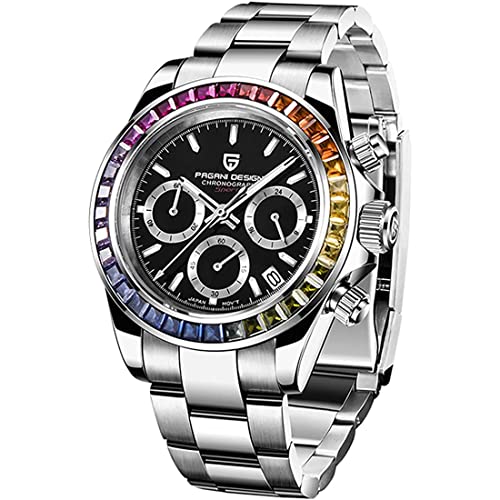 RollsTimi Pagani DesignHerren-Multifunktions-Sportuhr Quarz-Chronograph Uhrwerk Japan VK63 Edelstahlarmband Wasserdicht 100M (Kristall schwarz-1664) von RollsTimi