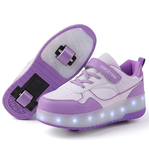 Schuhe mit Rollen für mädchen Jungen Verstellbare Rollschuhe Schuhe Einziehbar Turnschuhe mit Rollen für Kinder LED Blinkend Roller Skate Shoes für Outdoor-Sportarten,Lila,39EU von Rolltongoz