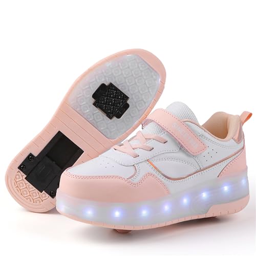 Schuhe mit Rollen für mädchen Jungen Verstellbare Rollschuhe Schuhe Einziehbar Turnschuhe mit Rollen für Kinder LED Blinkend Roller Skate Shoes für Outdoor-Sportarten,Rosa,38EU von Rolltongoz
