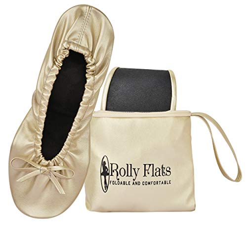 Damen Faltbare Flats - Tragbare Ballett Hausschuhe Schuhe für Reisen Hochzeit - Passt in Geldbörse, champagnerfarben / goldfarben, Small von Rolly Flats
