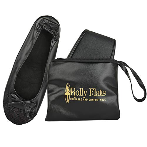 Damen Tragbare Faltbare Ballerinas Schuhe Pumps Roll Up Hausschuhe mit Reisetasche, Schwarze Paillettenspitze., Small von Rolly Flats