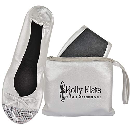 Damen Faltbare Flats - Tragbare Ballett Hausschuhe Schuhe für Reisen Hochzeit - Passt in Geldbörse, Silberne Paillettenspitze, Large von Rolly Flats