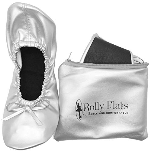 Damen Faltbare Flats - Tragbare Ballett Hausschuhe Schuhe für Reisen Hochzeit - Passt in Geldbörse, silber, X-Large von Rolly Flats