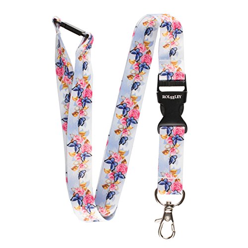 Mehrfarbig Schlüsselband Umhängeband Trageband mit Sicherheitsverschluss und Schwenk Karabinerhaken(1 Schmetterlinge und Rosen) von Rolseley