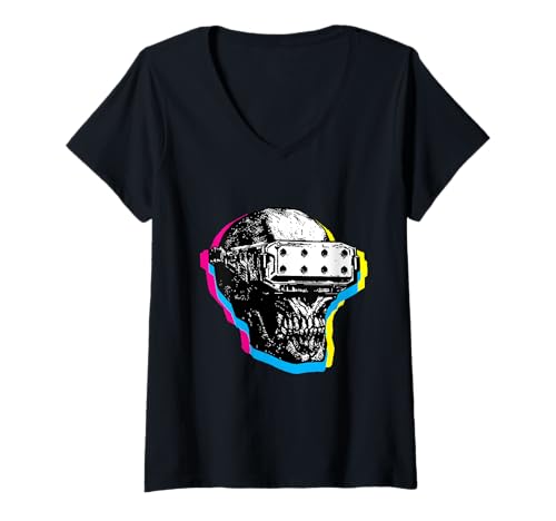 Damen Cyberpunk CMY-Schädel T-Shirt mit V-Ausschnitt Damen Cyberpunk CMY-Schädel T-Shirt mit V-Ausschnitt von Roman Edits Clothes