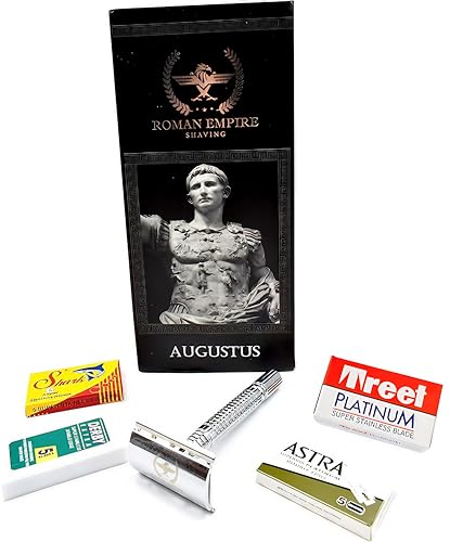 Roman Empire Shaving® Rasierhobel Augustus - Eleganter Safety Razor für Damen & Herren - Nassrasierer Set inkl. 20 Rasierklingen von Astra, Derby, Shark, Treet - Rasier Set von Roman Empire Shaving