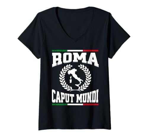 Damen Roma Caput Mundi Vintage Italienische Flagge Rom Italien Souvenir T-Shirt mit V-Ausschnitt Damen Roma Caput Mundi Vintage Italienische Flagge Rom Italien Souvenir T-Shirt mit V-Ausschnitt von Roman Italian Ancestry Map of Italy Varsity
