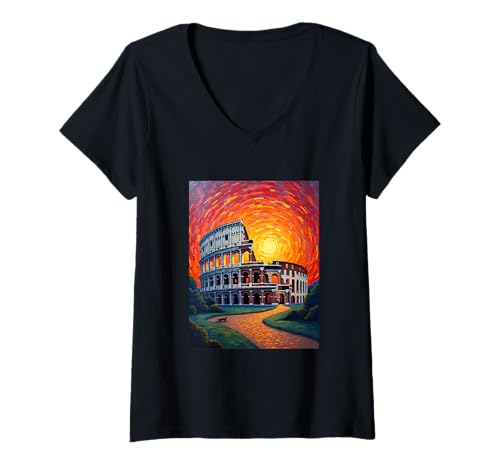 Damen Kolosseum Rom Kunst im kühnen Van Gogh Sonnenuntergang Stil T-Shirt mit V-Ausschnitt Damen Kolosseum Rom Kunst im kühnen Van Gogh Sonnenuntergang Stil T-Shirt mit V-Ausschnitt von Roman Sunset Aesthetic Prints