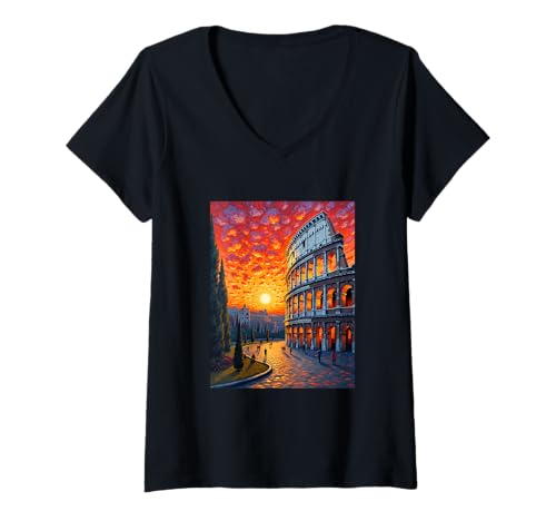 Damen Kolosseum Rom Kunst im kühnen Van Gogh Sonnenuntergang Stil T-Shirt mit V-Ausschnitt von Roman Sunset Aesthetic Prints