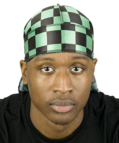 Roman-T Premium Silky Satin Durag - Designer Durags for Men and Women - Long, Wide Tails (Black & Green Plaid) von Roman-T