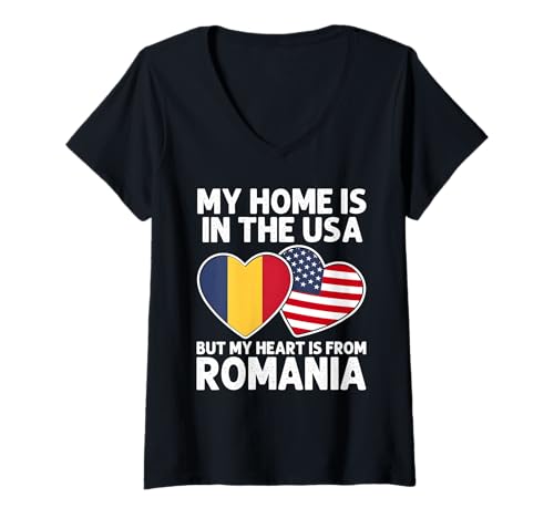 Damen My Home USA My Heart Rumänien Rumänische Amerikanische Stolz Flagge T-Shirt mit V-Ausschnitt von Romania Pride Flag Apparel
