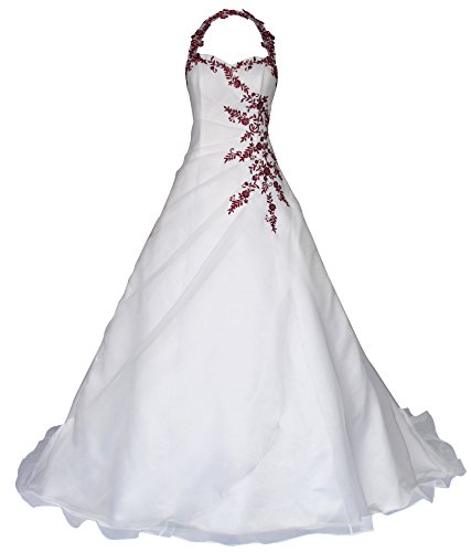 Romantic-Fashion Brautkleid Hochzeitskleid Neckholder Weiß Modell W021 A-Linie Satin Perlen Pailletten bordeauxrote Stickerei DE Größe 40 von Romantic-Fashion