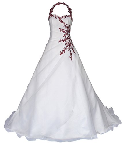 Romantic-Fashion Brautkleid Hochzeitskleid Neckholder Weiß Modell W021 A-Linie Satin Perlen Pailletten bordeauxrote Stickerei DE Größe 46 von Romantic-Fashion