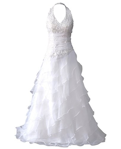 Romantic-Fashion Brautkleid Hochzeitskleid Weiß A-Linie Lang Satin Stickerei Perlen Pailletten DE Modell W041 Größe 36 von Romantic-Fashion