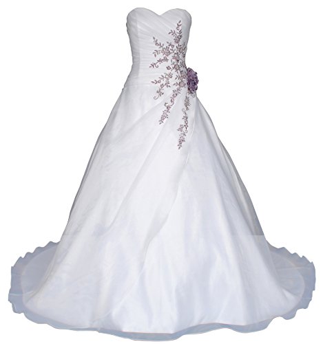 Romantic-Fashion Brautkleid Hochzeitskleid Weiß Modell W020 A-Linie Lang Satin Perlen Pailletten lila Stickerei DE Größe 34 von Romantic-Fashion