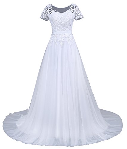 Romantic-Fashion Brautkleid Hochzeitskleid Weiß Modell W043 A-Linie Kurzarm Satin Perlen Pailetten DE Größe 40 von Romantic-Fashion