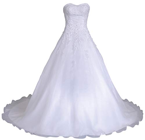 Romantic-Fashion Brautkleid Hochzeitskleid Weiß Modell W081 A-Linie Lang Satin Organza Perlen Pailletten DE Größe 38 von Romantic-Fashion