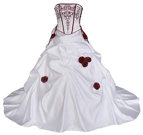 Romantic-Fashion Brautkleid Hochzeitskleid Zweifarbig Weiß/Bordeauxrot A-Linie Satin Trägerlos Modell PL0500 Größe 34 von Romantic-Fashion