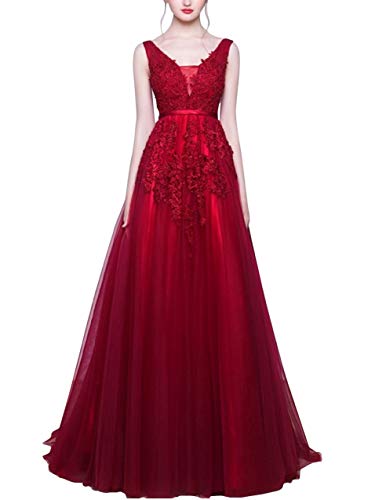 Romantic-Fashion Damen Ballkleid Abendkleid Brautkleid Lang Modell E001-E006 Blütenapplikationen Tüll DE Bordeauxrot Größe 36 von Romantic-Fashion