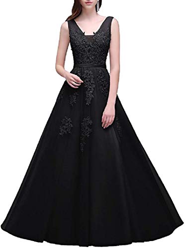 Romantic-Fashion Damen Ballkleid Abendkleid Brautkleid Lang Modell E001-E006 Blütenapplikationen Tüll DE Schwarz Größe 44 von Romantic-Fashion