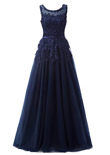 Romantic-Fashion Damen Ballkleid Abendkleid Brautkleid Lang Modell E010-E015 Blütenapplikationen Tüll DE Dunkelblau Größe 38 von Romantic-Fashion