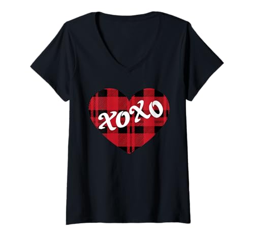 Damen XOXO Herz Liebe Karo Muster Romantik T-Shirt mit V-Ausschnitt von Romantik Karo Liebe Zuneigung Retro