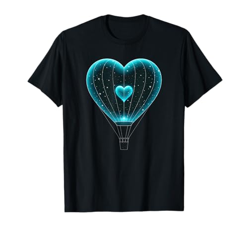 Romantische Heißluftballon Designs - Herzförmiger Heißluftballon T-Shirt mit kosmischen Sternen für Männer, Frauen und Teenager, Weltraumliebhaber, Romantiker - Schwarz, S von Romantische Heißluftballon Designs
