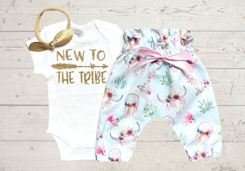 Neu Im Stamm Neugeborenen Take Home Coming Outfit - Gold Glitzer Bodysuit + Boho Floral Hose Schleife /Stirnband Hodpital Photo Shoot Set von RomariForKids