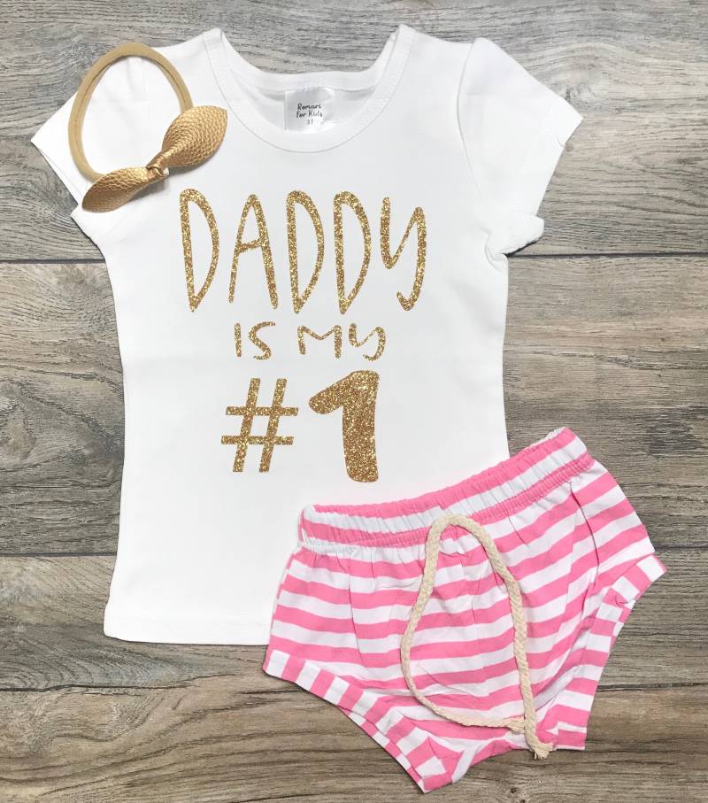 Papa Ist Mein #1 Outfit - Mädchen Nummer Eins Puffärmel Shirt + Rosa/Schwarz Mint Gestreifte Shorts Schleife Set Vater von RomariForKids