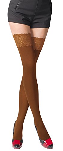 Romartex warme halterlose 80 DEN Mikrofaser Strümpfe mit Spitze, blickdicht, M, beige von Romartex