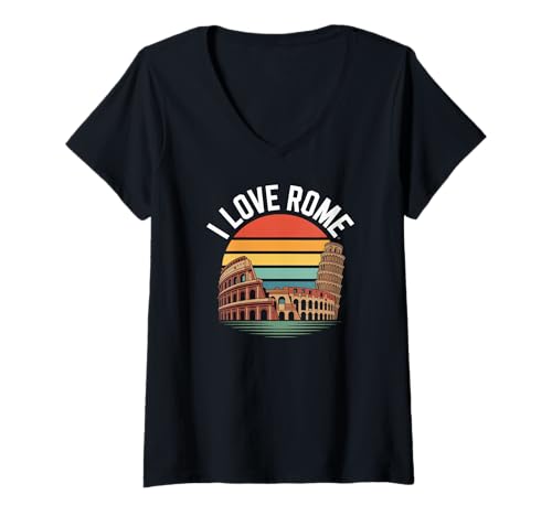 Damen I Love Rome Colosseum Schiefer Turm T-Shirt mit V-Ausschnitt Damen I Love Rome Colosseum Schiefer Turm T-Shirt mit V-Ausschnitt von Rome Travel Vintage Italy Landmarks