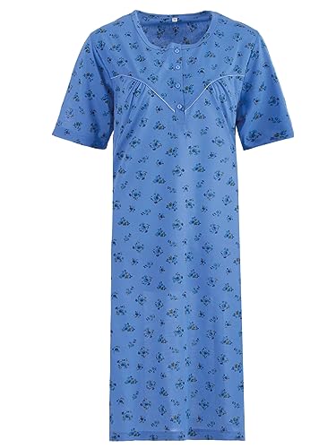 Romesa Nachthemd Damen Kurzarm Mini Rosen Design mit Raffung Knöpfe M-2XL kleine Knopfleiste Schlafshirt, Farbe:blau, Größe:XXL von Romesa