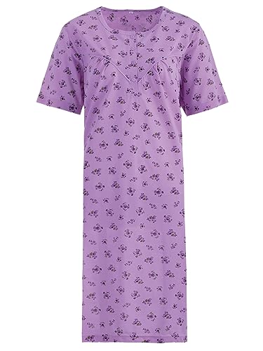 Romesa Nachthemd Damen Kurzarm Mini Rosen Design mit Raffung Knöpfe M-2XL kleine Knopfleiste Schlafshirt, Farbe:Flieder, Größe:XXL von Romesa