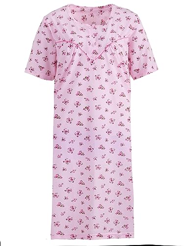 Romesa Nachthemd Damen Kurzarm Mini Rosen Design mit Raffung Knöpfe M-2XL kleine Knopfleiste Schlafshirt, Farbe:rosa, Größe:XXL von Romesa