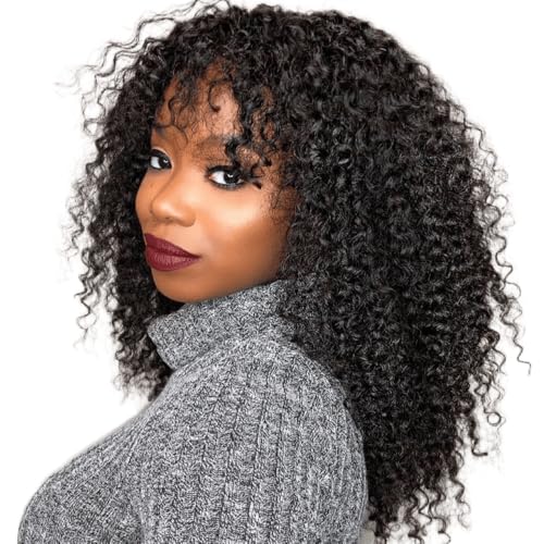 20Inch Human Hair Wig Kinky Curly Wigs Human Hair with Bnag Real Hair Wig with Fringe Curly Wigs Real Hair Brazilian Virgin Human Hair No Lace Front Wigs for Women Glueless Wig Afro Kinky Curly von Romface