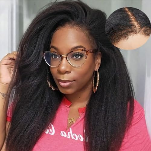 Perücke Damen Echthaar Perücke Kinky-Straight Human Hair Wig 13x4 Lace Frontal 100% Brasilianische Human Hair Lace Front Wig Glueless Wig Human Hair Schwarze Yaki Wig Natürliche Haarlinie 30 Zoll von Romface