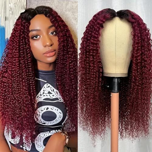 Real Hair Wig V Part Wig Human Hair Wig 180% Density Ombre Red U Part Kinky Curly Human Hair Wigs Afro Curly Wigs Human Hair Burgundy 99J Ombre Colour Wigs for Women Brazilian Wigs 18 Inches von Romface