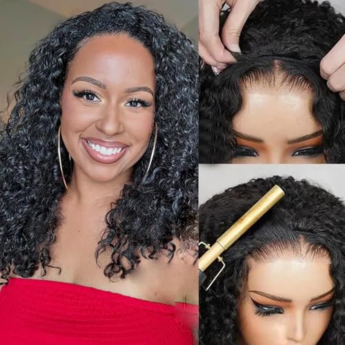 Romface Echthaar Perücke Schwarz Curly Half Wig Human Hair Kinky Curly 16 Inch Real Hair Wigs For Black Women,180 Dichte Perücken Echthaar Damen No Glue Natural Black von Romface