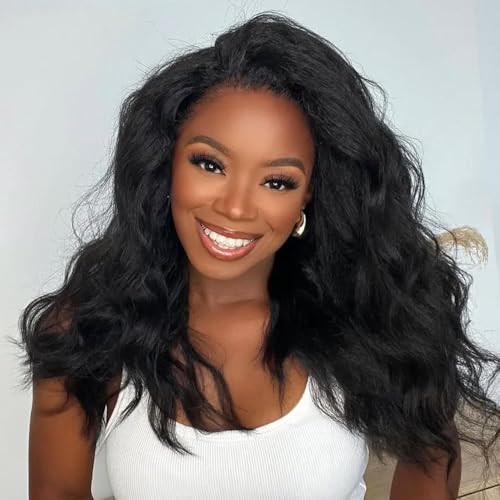 Romface Echthaar Perücke Schwarz Half Wig Human Hair Yaki Straight Glueless Wear and Go Kinky Straight 180% Density Perücken Echthaar Damen Natural Black Wigs For Black Women 16 inch von Romface