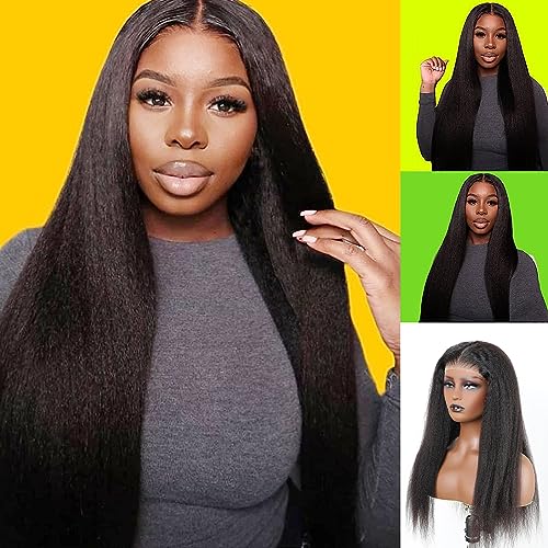 Romface Real Hair Wig Yaki Straight Human Hair Wig Glueless Wig 180% Density Wear and Go Human Hair for Women 4x4 Transparent Lace Front Wig Women's Black Wig Precut Lace for Beginners 18 Inches von Romface