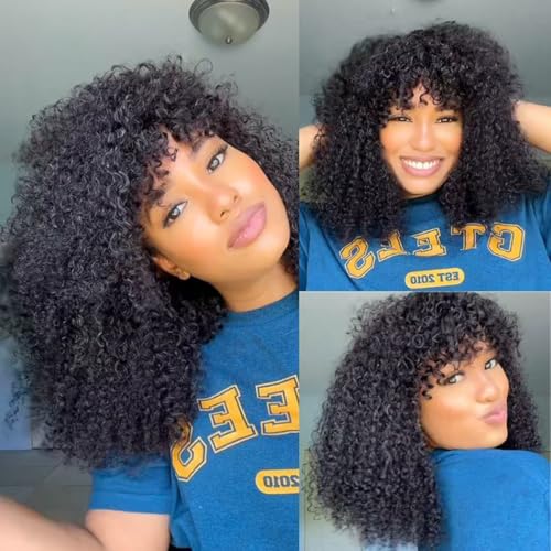 Wig Human Hair With Bang For Black Women Afro Kinky Curly None Lace Glueless Short Curly Human Hair Wigs 180% Density 14" 1B von Romface
