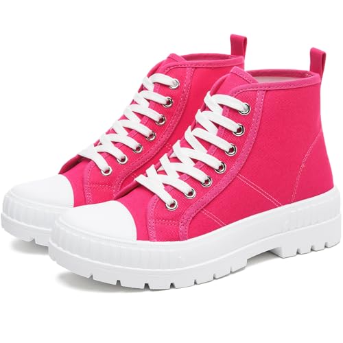 Rominz Weiße Plateau-Sneaker für Damen, modische High-Top-Canvas-Schuhe für Damen, schwarze Schnürung, Segeltuch-Sneaker, lässige Plateau-Tennisschuhe, Millennial Pink, 36 EU von Rominz