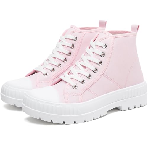 Rominz Weiße Plateau-Sneaker für Damen, modische High-Top-Canvas-Schuhe für Damen, schwarze Schnürung, Segeltuch-Sneaker, lässige Plateau-Tennisschuhe, Rosarot, 39.5 EU von Rominz