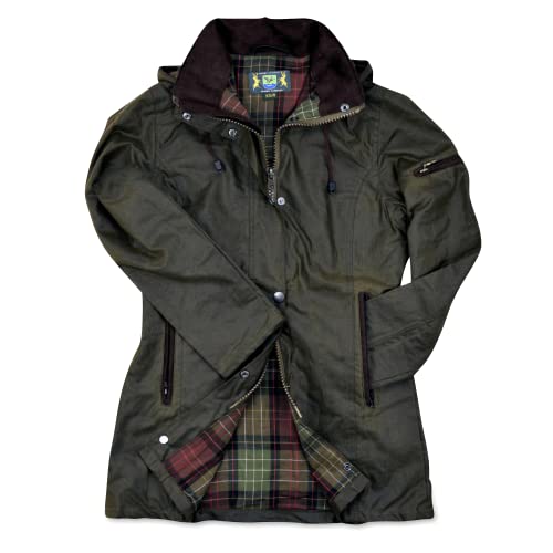 Romneys Damen-Wachsjacke New Ashdown - Robuste Wind- und wasserdichte, tailliert geschnittene Regenjacke inklusive Kapuze (oliv, S) von Romneys