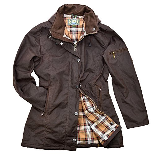 Romneys Damen-Wachsjacke New Ashdown - Robuste Wind- und wasserdichte, tailliert geschnittene Regenjacke inklusive Kapuze (braun, L) von Romneys