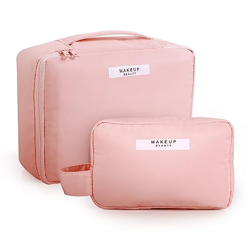 Romon 2 Stück Reisen Kosmetiktasche, Kosmetiktasche Damen Wasserdicht, Tragbare Make-up Tasche, Kosmetiktasche Groß und Klein für Damen und Mädchen (Rosa) von Romon