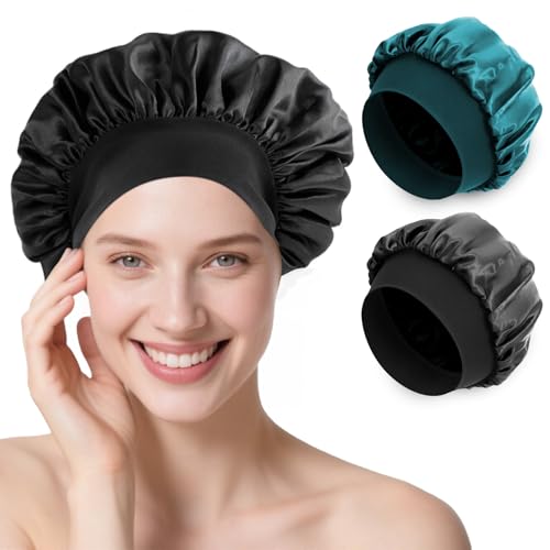 Romon Satin-Haarmütze, 2 StückSeiden-Schlafmütze Haube Nachtschlafmütze Kopfbedeckung Weiche Kopfbedeckung Einstellbare Schlafmütze mit Gummizug für Frauen und Mädchen, Schwarz und Pfauenblau von Romon
